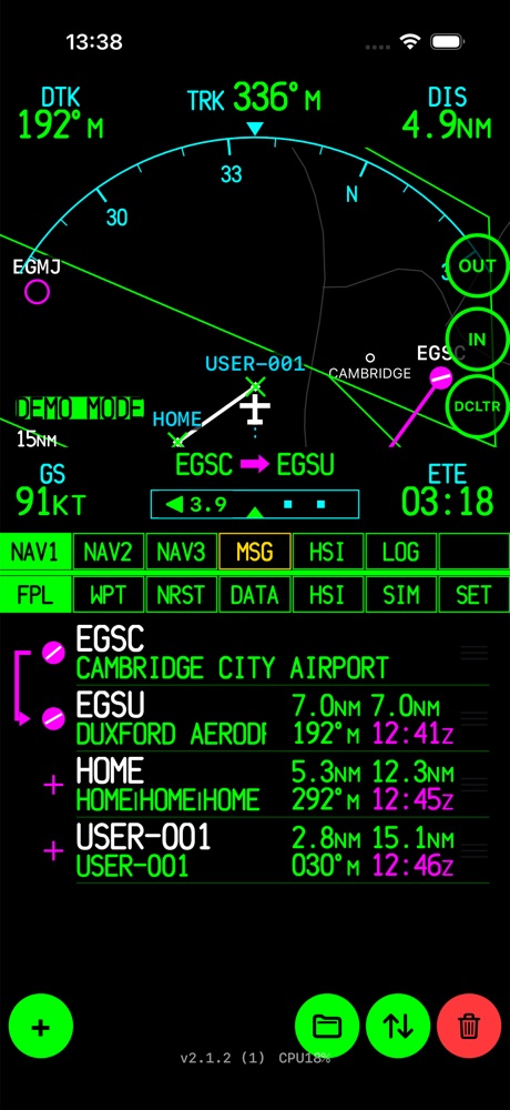Aviation GPS main screen: arc map on top, flight plan below